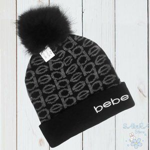 NWT BEBE AUTHENTIC WOMEN'S GRAY RIBBED KNIT FAUX FUR POM POM BEANIE HAT